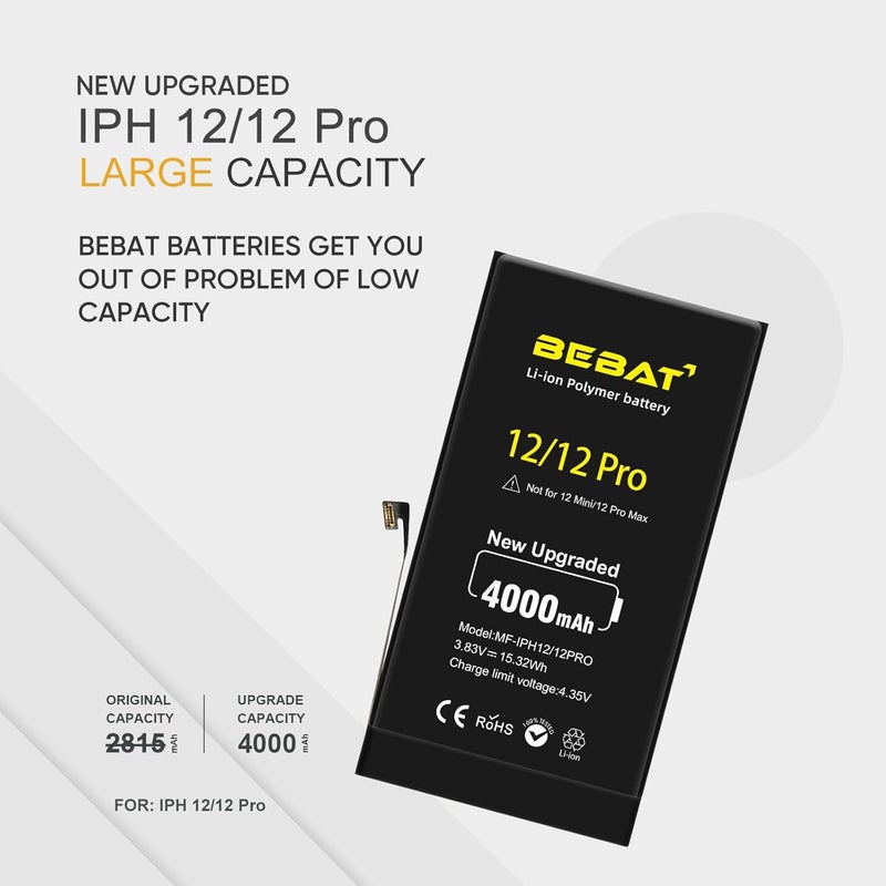 BEBAT Replacement for iPhone 12/12 PRO Battery, 4000mAh High Capacity Li-ion Polymer Replacement Battery for Model A2172 A2402 A2403 A2404 with Professional Repair Tool Kits - Image 2